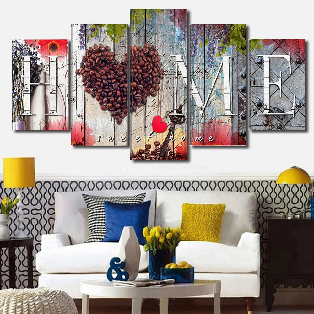 Red oil painting wall decoration board set with five panels in mixed sizes for home interiors