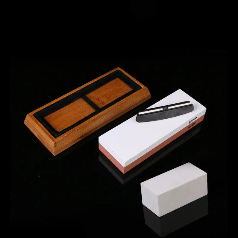 Double-sided 3000/8000 grit white corundum whetstone sharpening kit with bamboo base and accessories