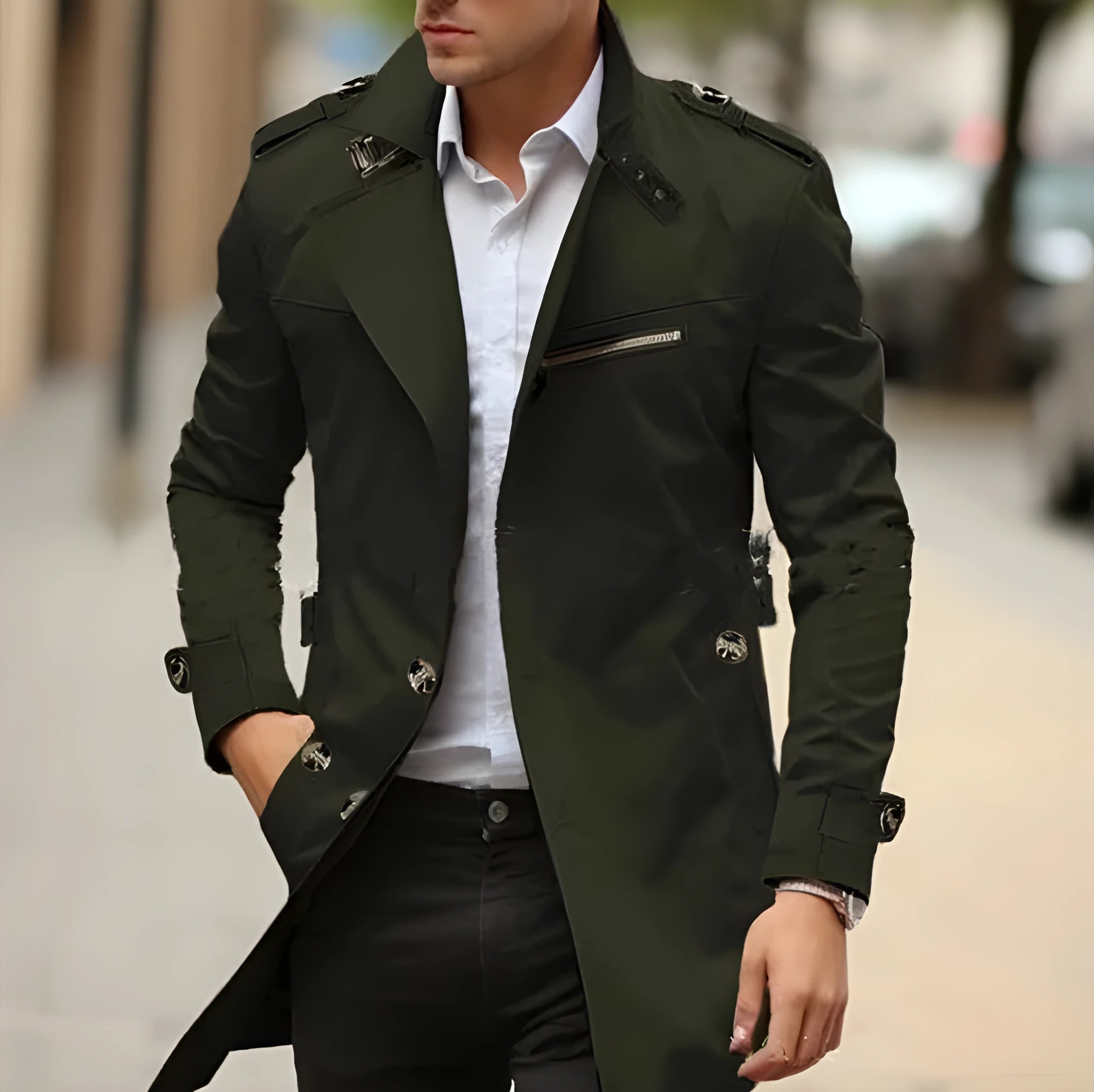 Men's lapel collar casual jacket in army green, showing side seam pockets and autumn styling.