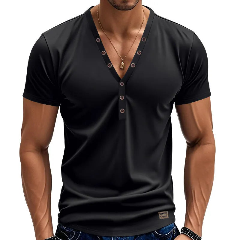Men's loose fit solid colour v-neck pullover top on a hanger