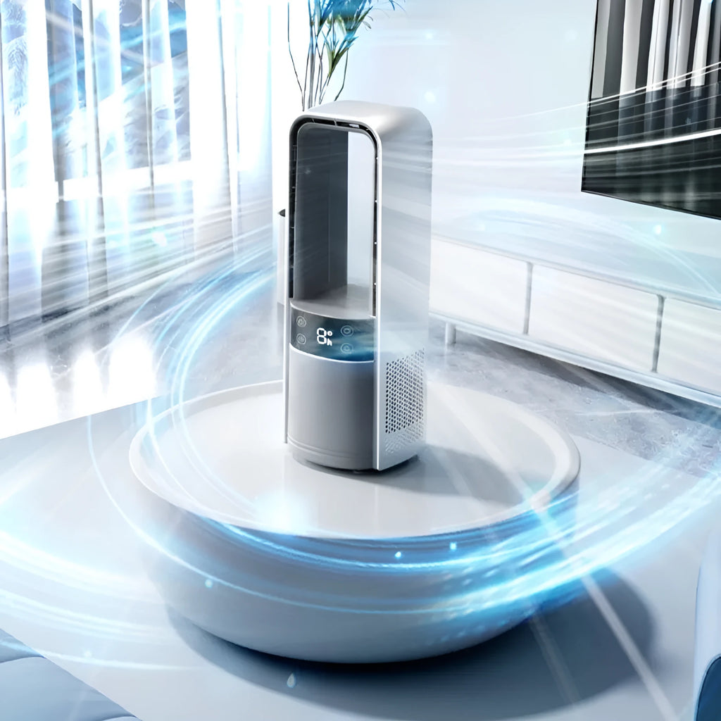 Light gray bladeless twin-turbo ice-sensing fan with digital display and night light on a table