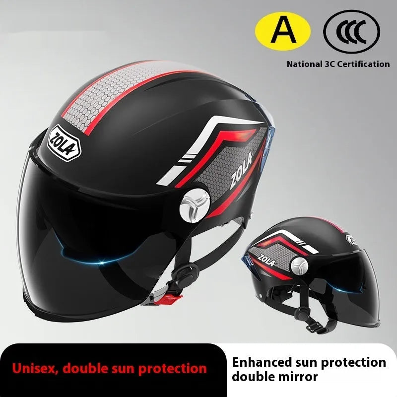 Children's 3C motorcycle half-helmet with a double visor shown in light brown colour.