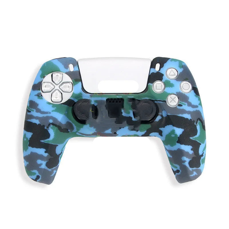 Camouflage patterned silicone grip case fitted on a black Sony PS5 DualSense controller.