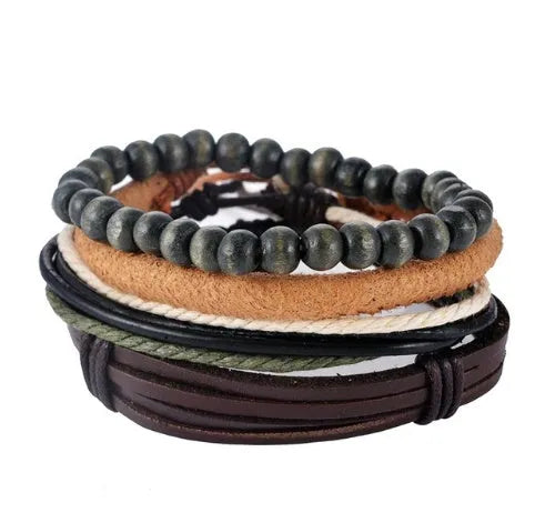 Handmade adjustable leather wrap bracelet with wooden beads on a wrist.