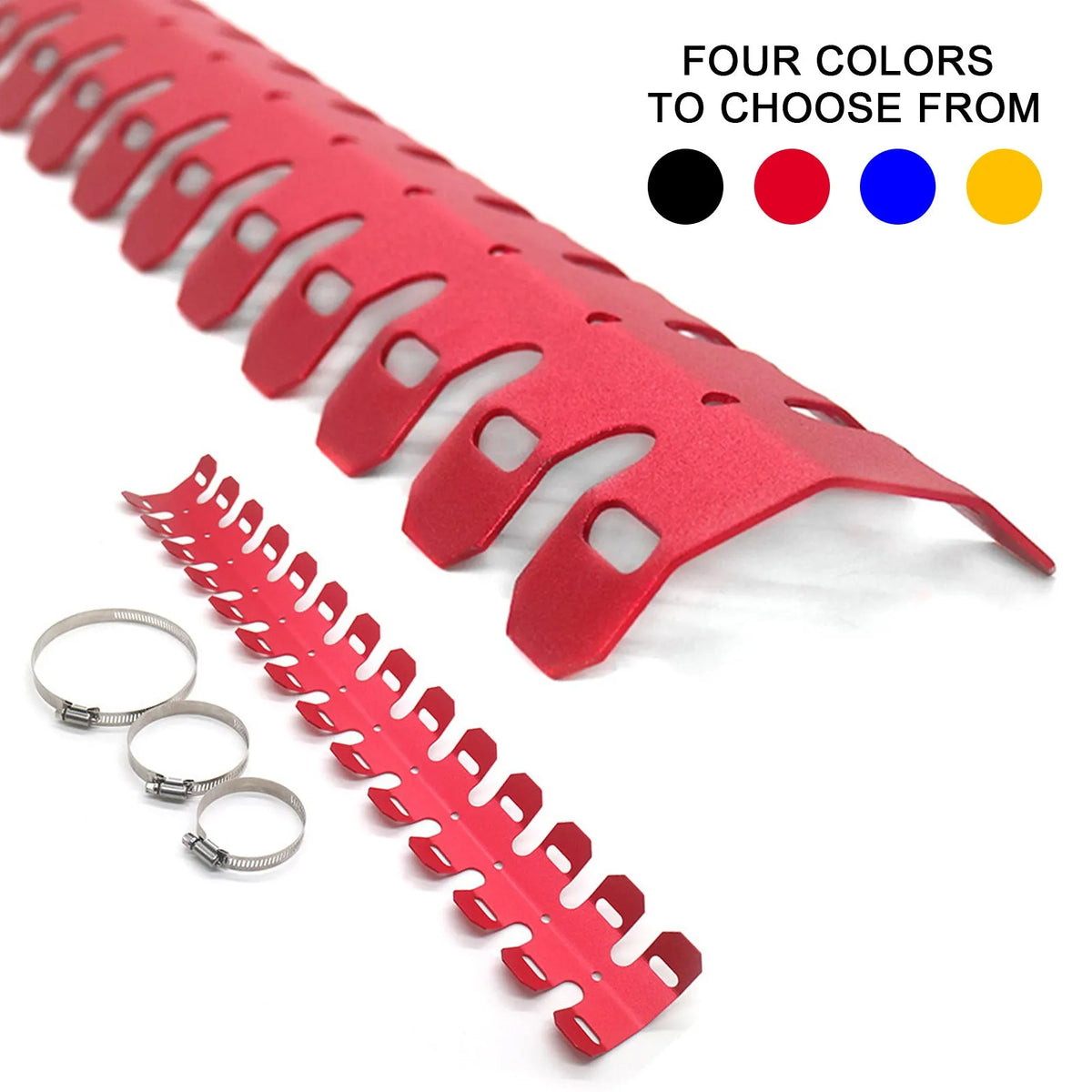 Aluminium alloy exhaust heat shield 60cm long 11cm wide for off-road motorcycle in red with cable tie mounting
