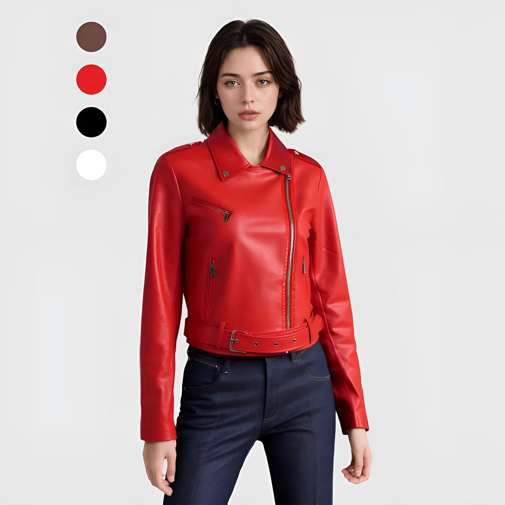 Women's black PU leather motorcycle jacket with lapel belt, on a hanger.
