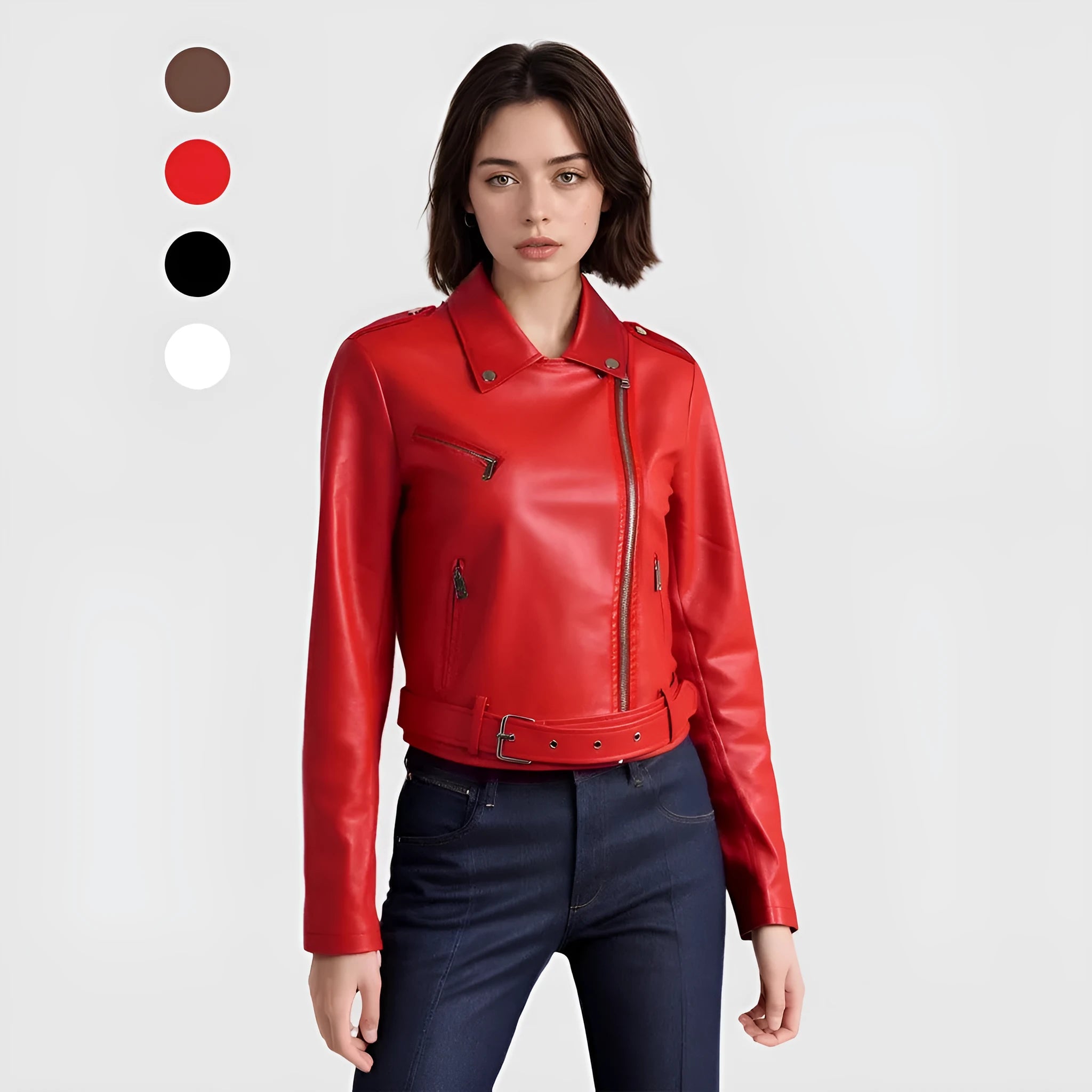 Women's black PU leather motorcycle jacket with lapel belt, on a hanger.