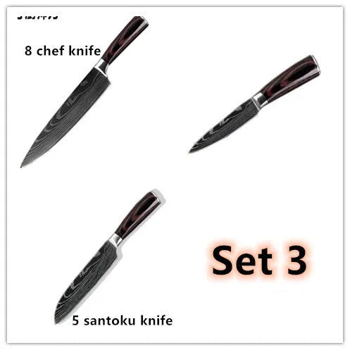 7Cr17 stainless steel kitchen knife with laser Damascus pattern blade and coloured wood handle