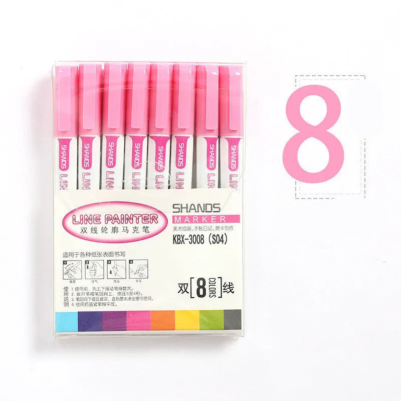 Set of eight multicolor plastic highlighters with assorted refill colours, 1mm tip, 140mm length
