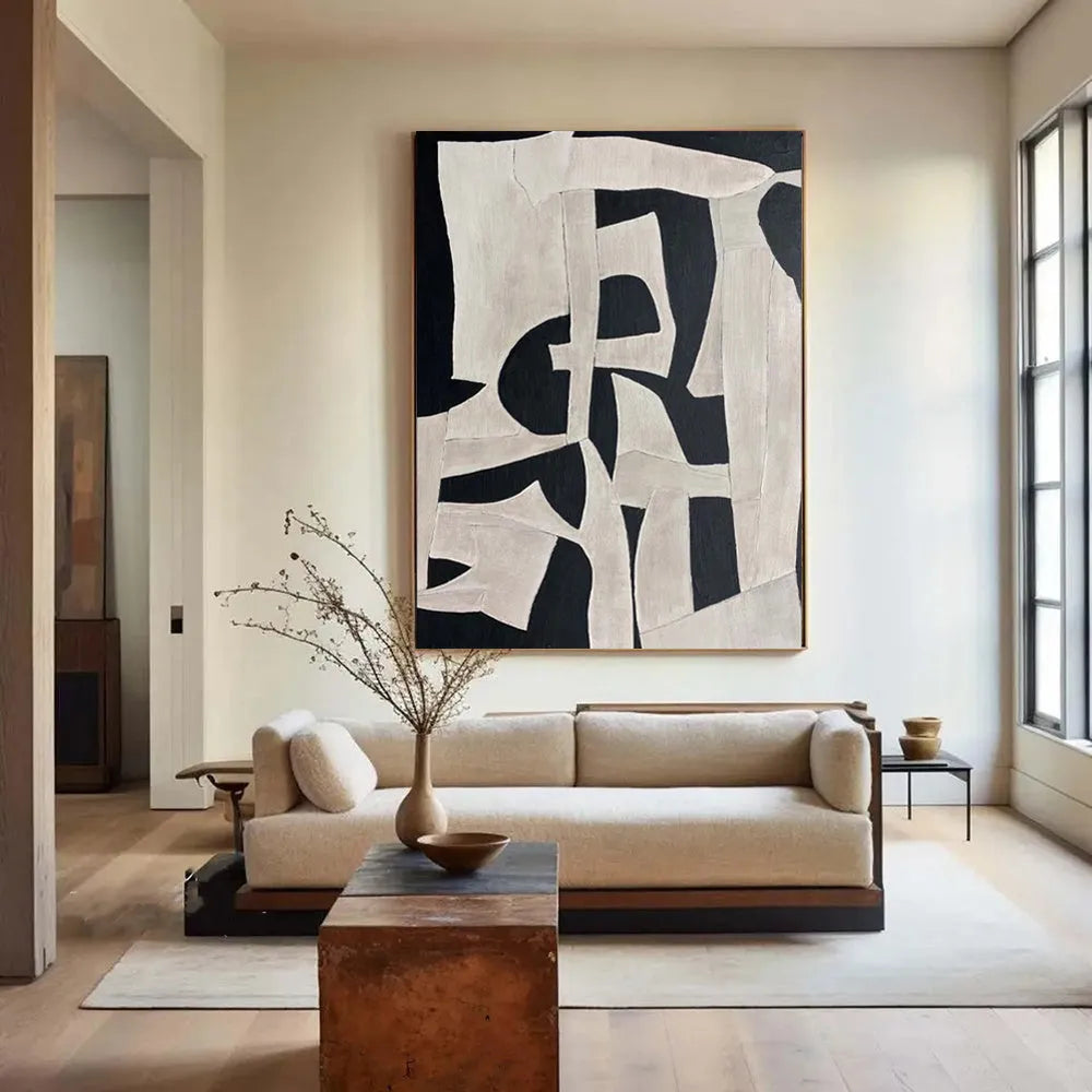 Handmade modern abstract black and white textured oil painting on canvas, rolled and unstretched, suitable for living room wall decor