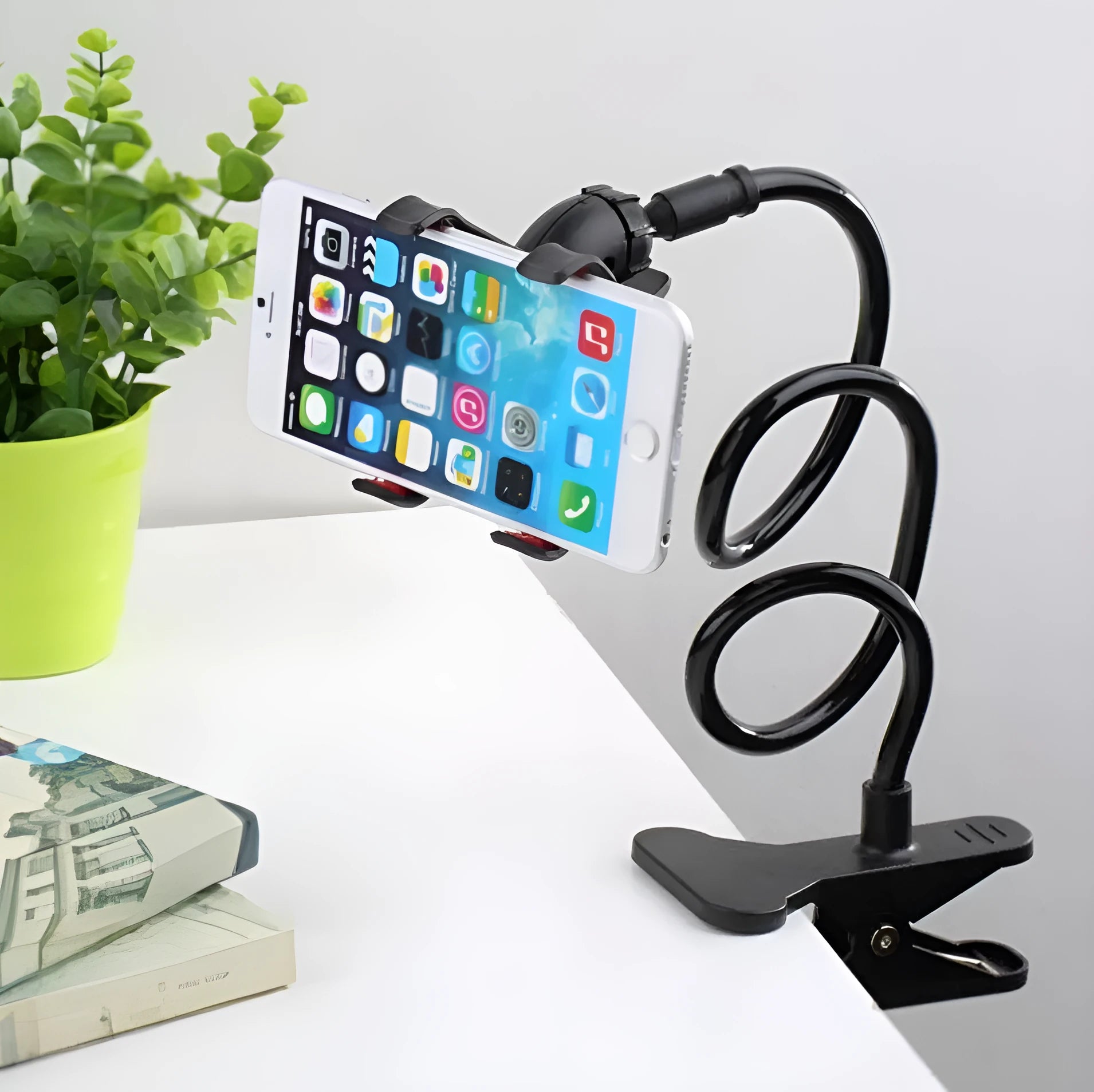 Black portable phone holder with 70cm flexible arm and universal V-clip for bed and desk mounting