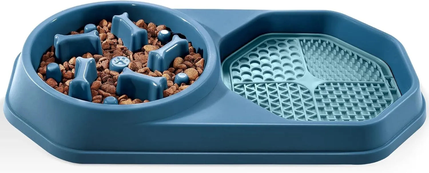 Blue slow feeder dog bowl with maze pattern and non-slip pads for small medium dogs