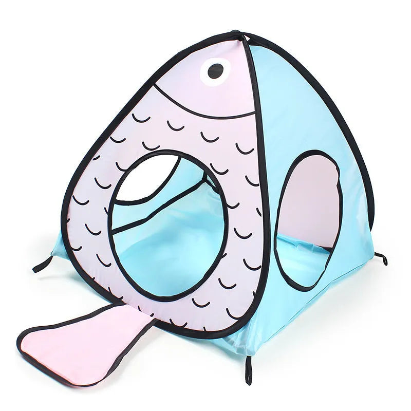 Foldable pet tent and tunnel three-piece set with cat and fish print design.