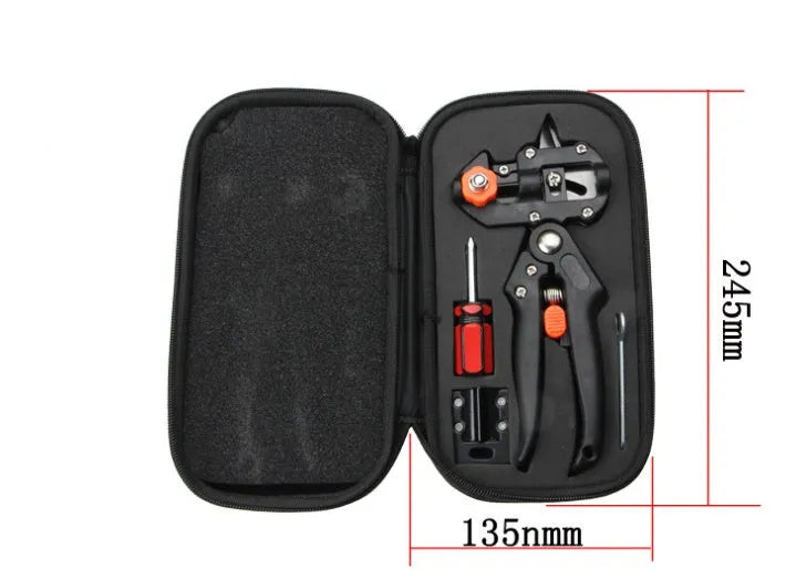 Black handheld grafting scissors with high carbon steel blade and ABS handle on a wooden surface
