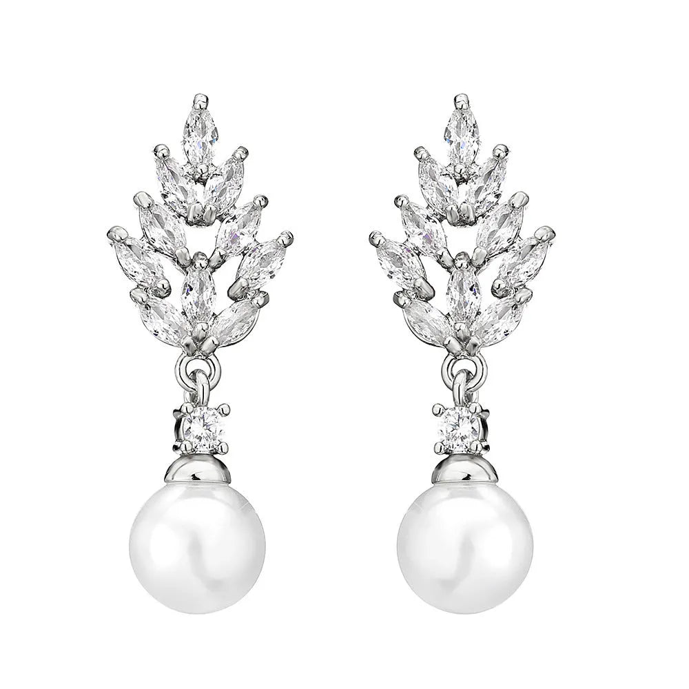 Gold, platinum, and rose gold plated geometric flower earrings with micro-inlaid zircon and pearl details.