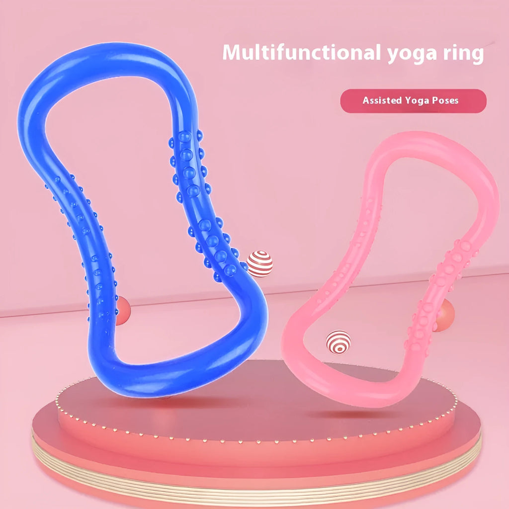 Purple, blue, and pink PP plastic yoga ring for stretching and back exercises.