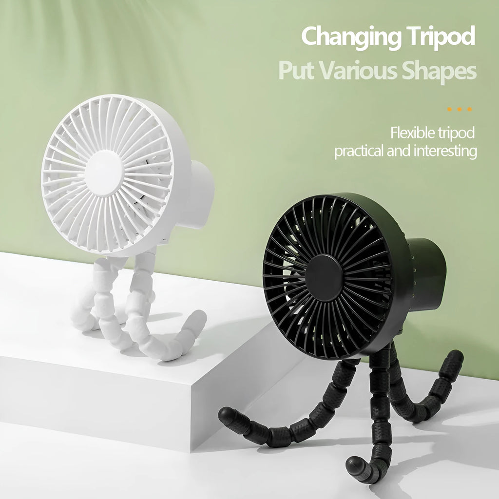 Black USB desktop fan with flexible octopus tripod legs and adjustable bending head
