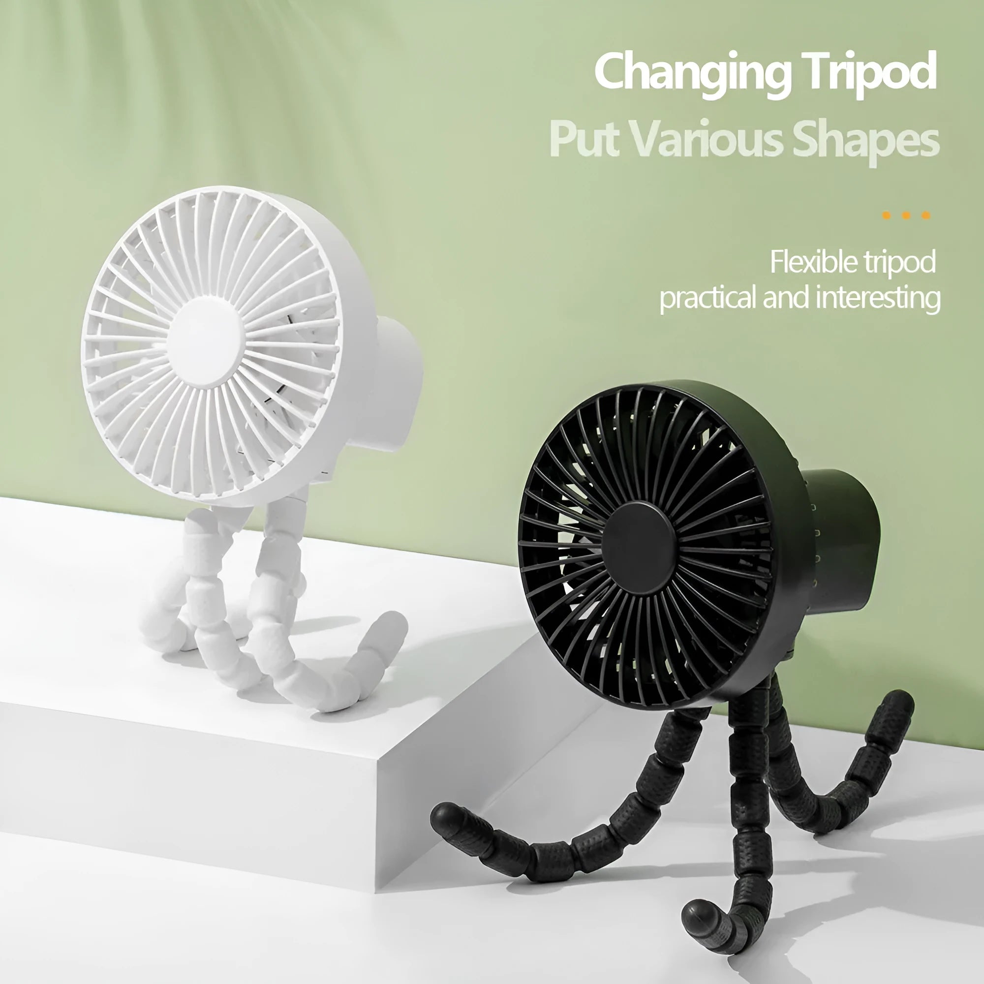 Black USB desktop fan with flexible octopus tripod legs and adjustable bending head
