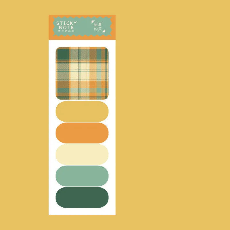 Set of colourful sticky note memo pads in eight designs including plaid and solid colours.