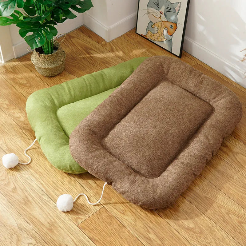 Brown and green pet cushion with removable cover shown in four sizes for small to medium dogs and cats