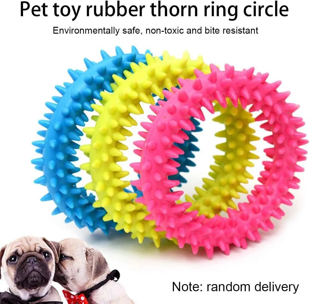 TPR spiky circle ring dog chew toy in assorted colours for dental cleaning and bite training
