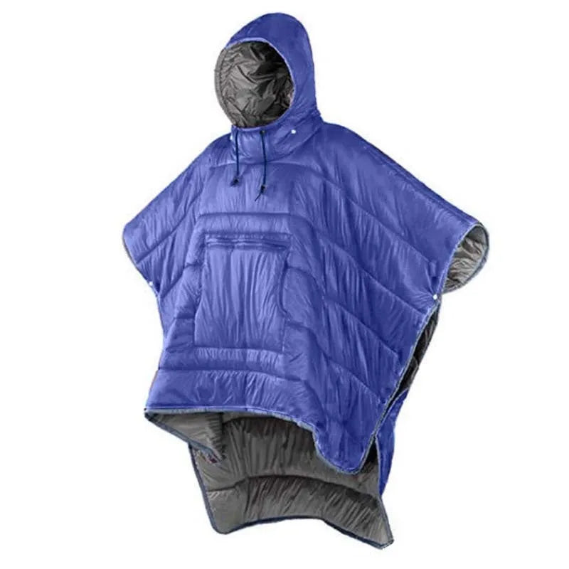 Grey adult outdoor cloak sleeping bag convertible to wearable camping cape with nylon fabric