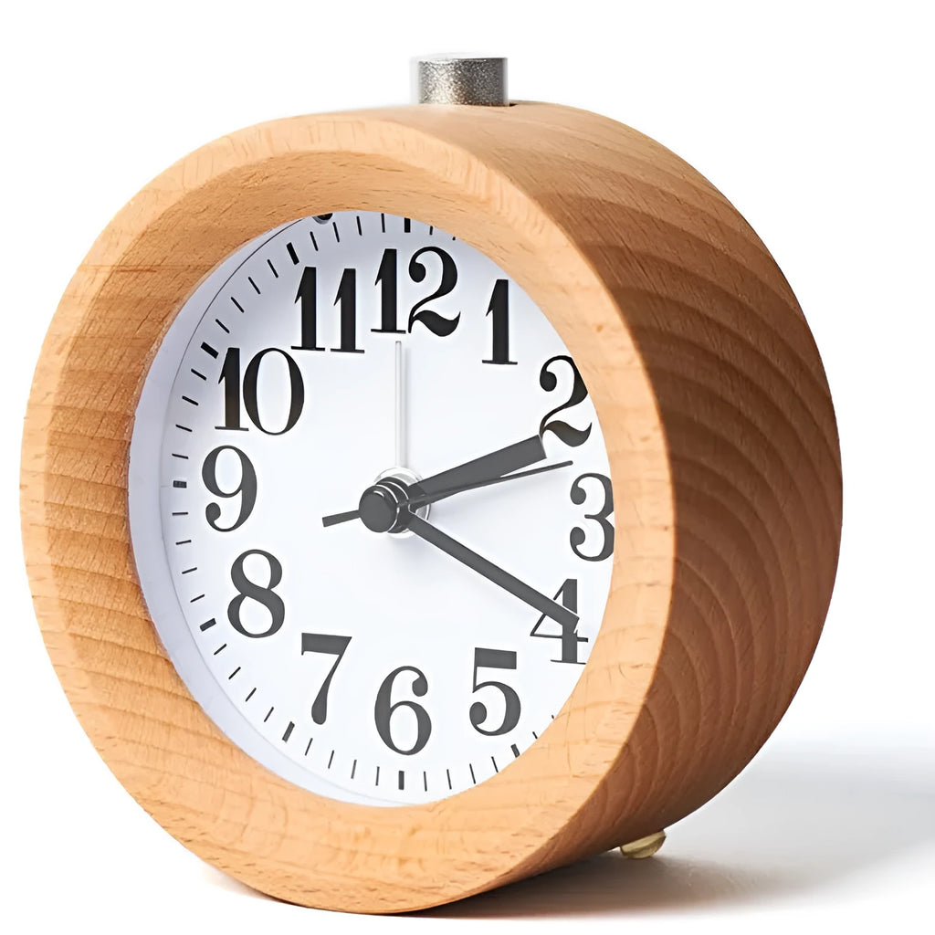 Solid beech wood silent alarm clock measuring 9.5cm with wood finish and clear dial