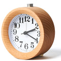 Solid beech wood silent alarm clock measuring 9.5cm with wood finish and clear dial