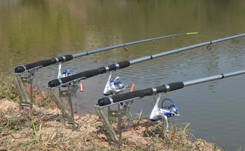 Master Fish Detector automatic rod holder with high-strength hard steel frame and bearing trigger mechanism on fishing bank