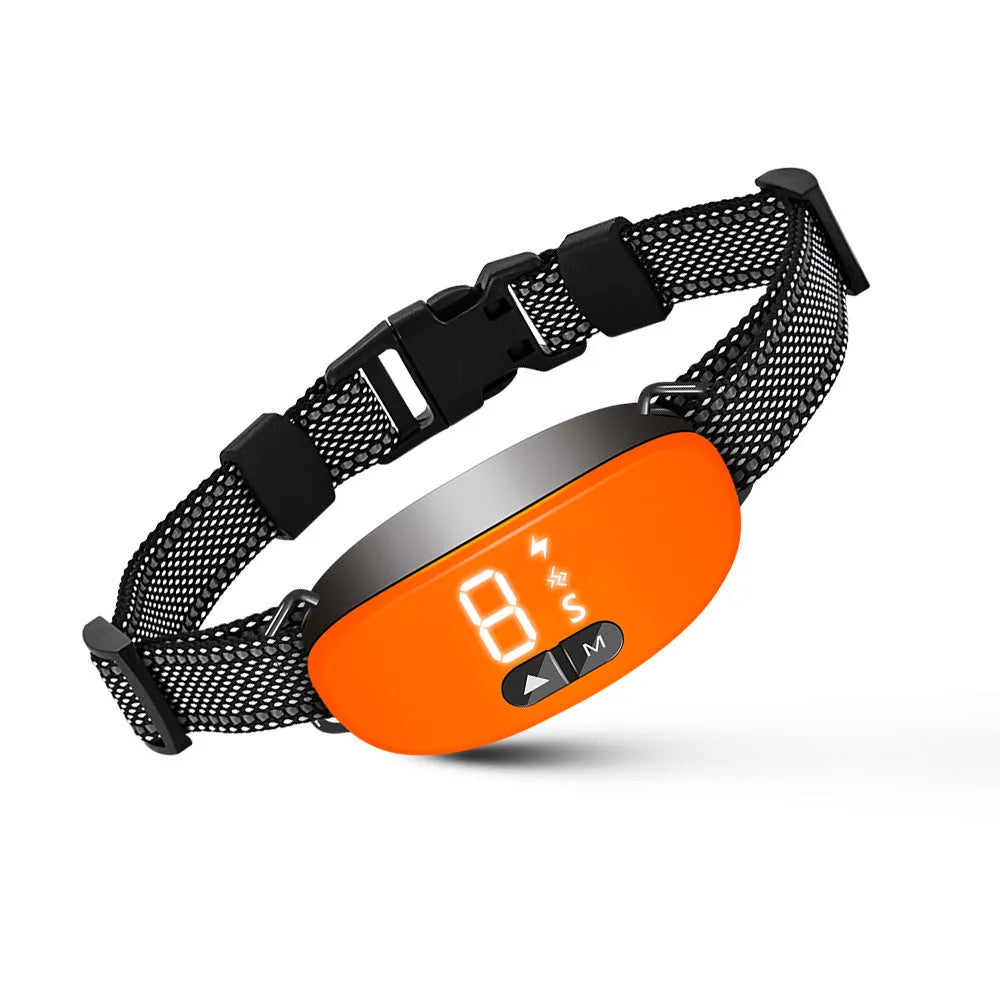 Bark Stopper plastic dog collar in black white and orange for barking prevention