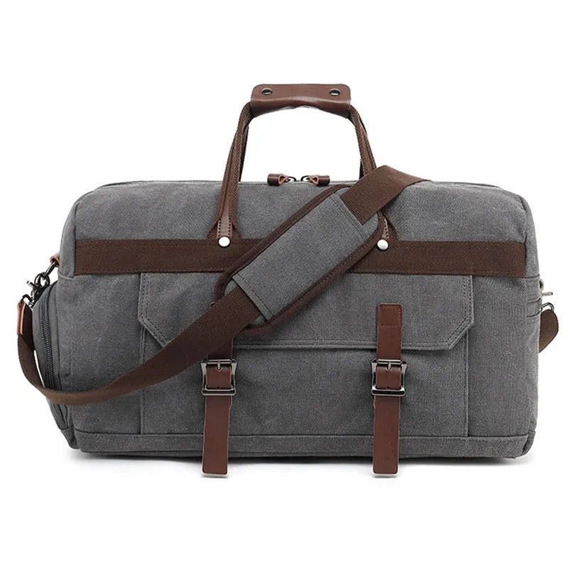 Large capacity canvas crossbody travel bag in black, brown, or grey with visible sewing line detailing