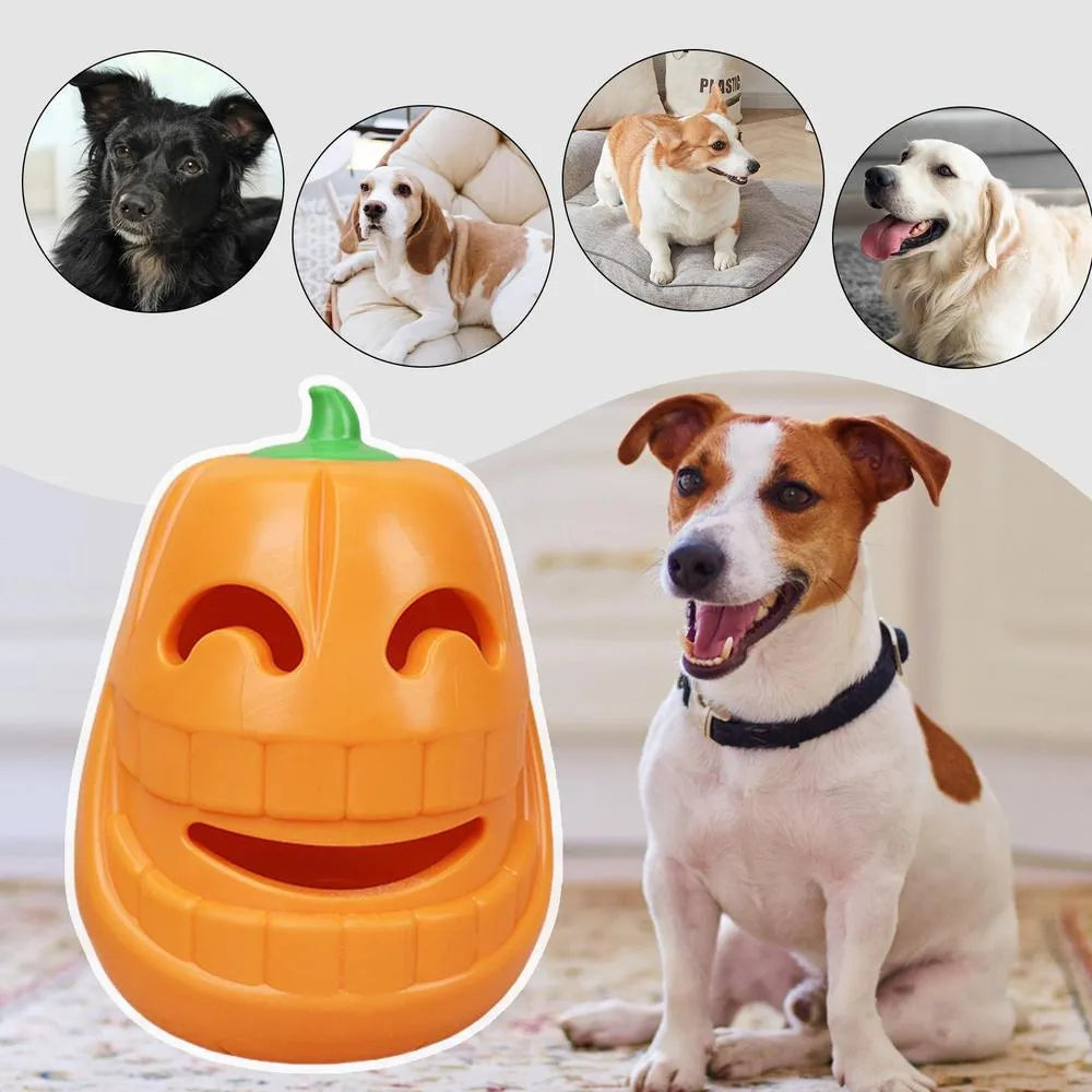 Yellow pumpkin-shaped TPR dog chew toy for aggressive chewers on white background