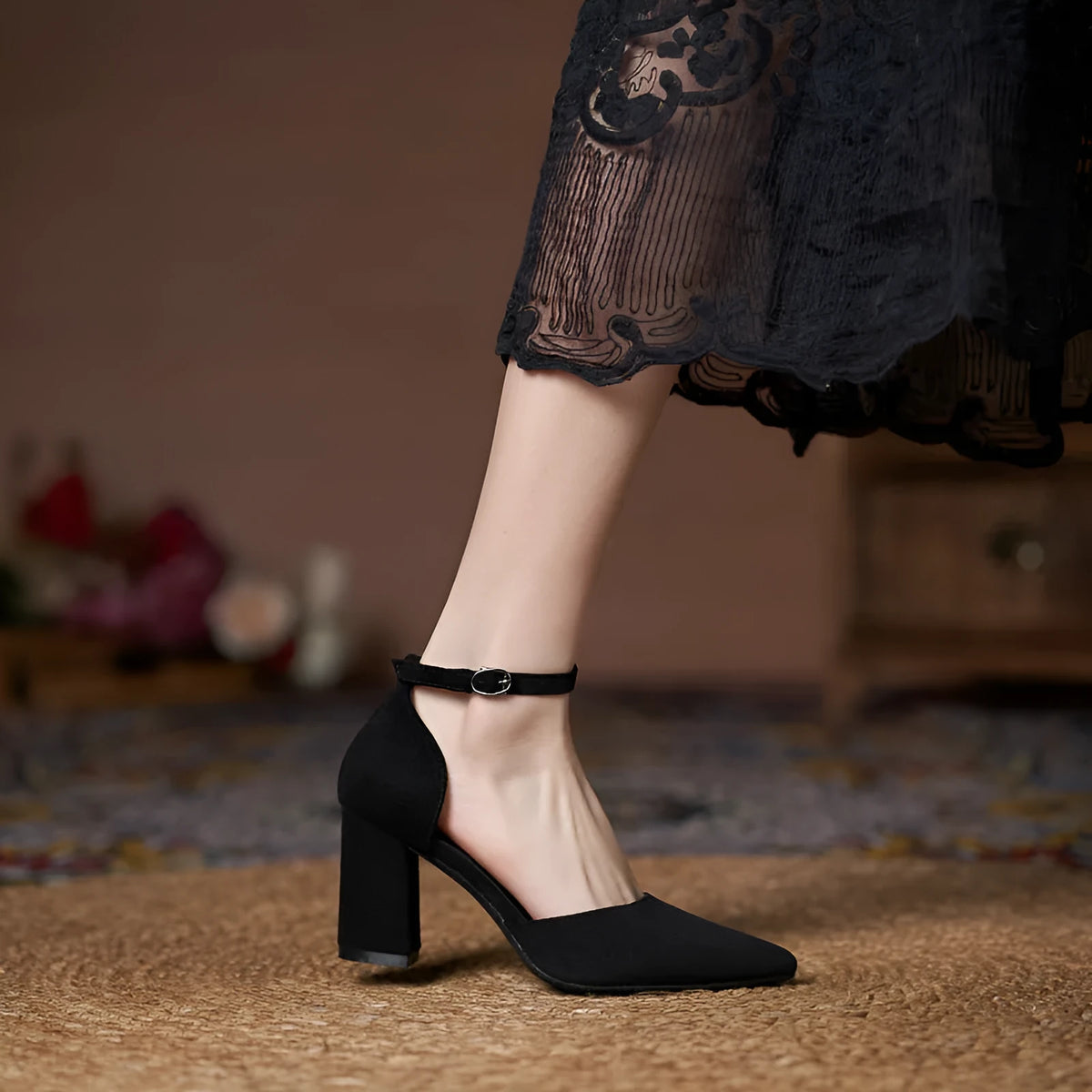 Women's solid colour suede hollow high heels with thick heel in black, side view, sizes 30-45