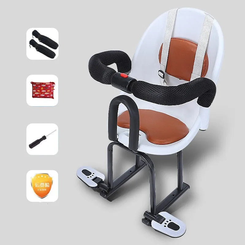 Black front child safety seat for an electric scooter, showing a high carbon steel frame.