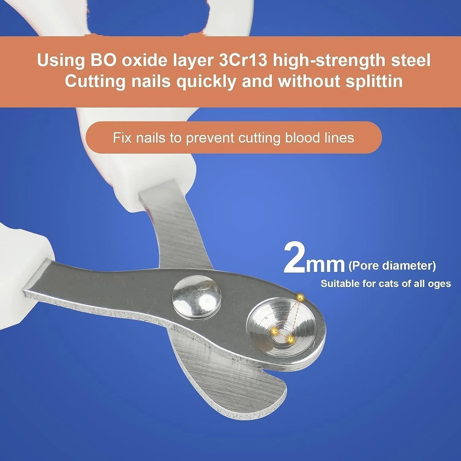 Blue pet nail clippers with circular hole design and cushioned handle on a white background.