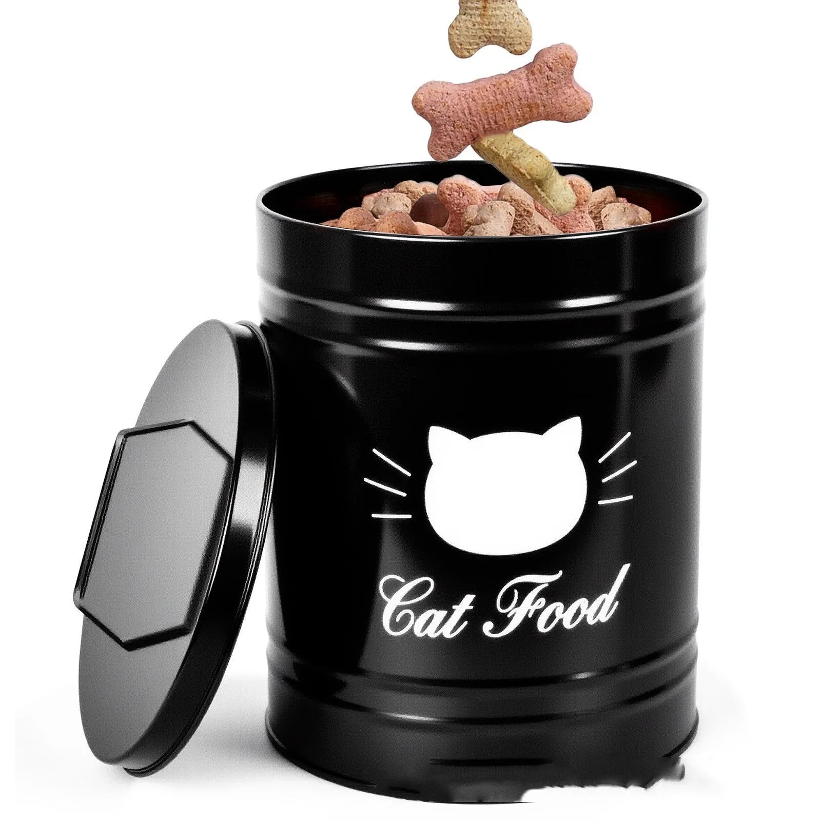 Round black and white iron food storage tins with American style design