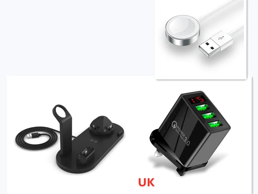 4 in 1 wireless charger stand for iPhone Samsung iWatch AirPods in black silicone material with 360 degree rotating dock