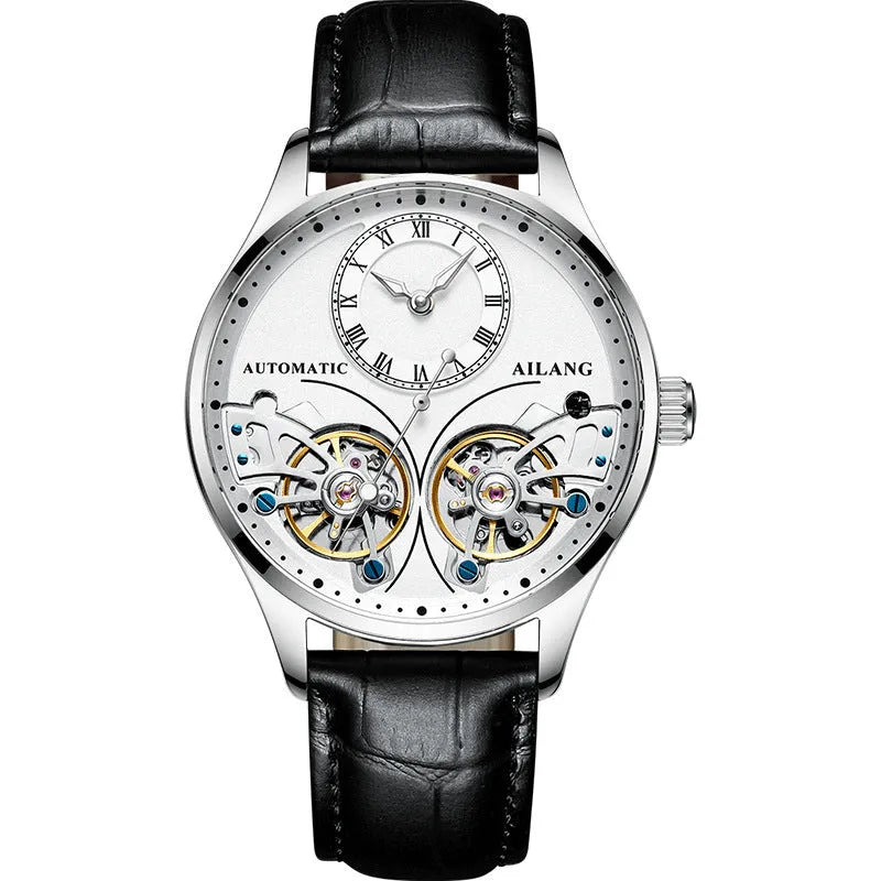 Automatic men's wristwatch with titanium case, round black dial showing tourbillon and moon phase.