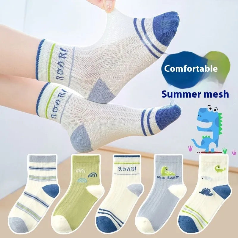 Children's thin breathable polyester tube socks mid-calf length with stripe pattern for spring summer
