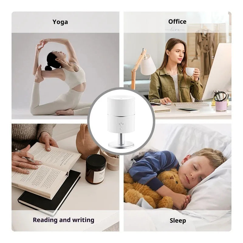 Desk lamp humidifier with silent night light and ultrasonic function in black finish, showing timer control and mist outlet