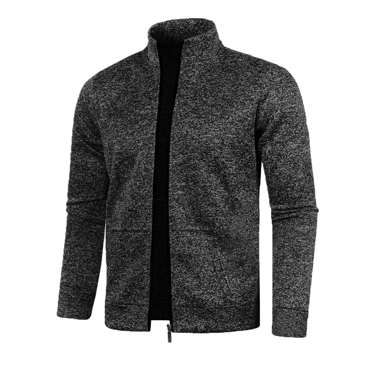 Men's long zipper light fleece jacket in black, loose fit, cardigan style, sizes S to 3XL