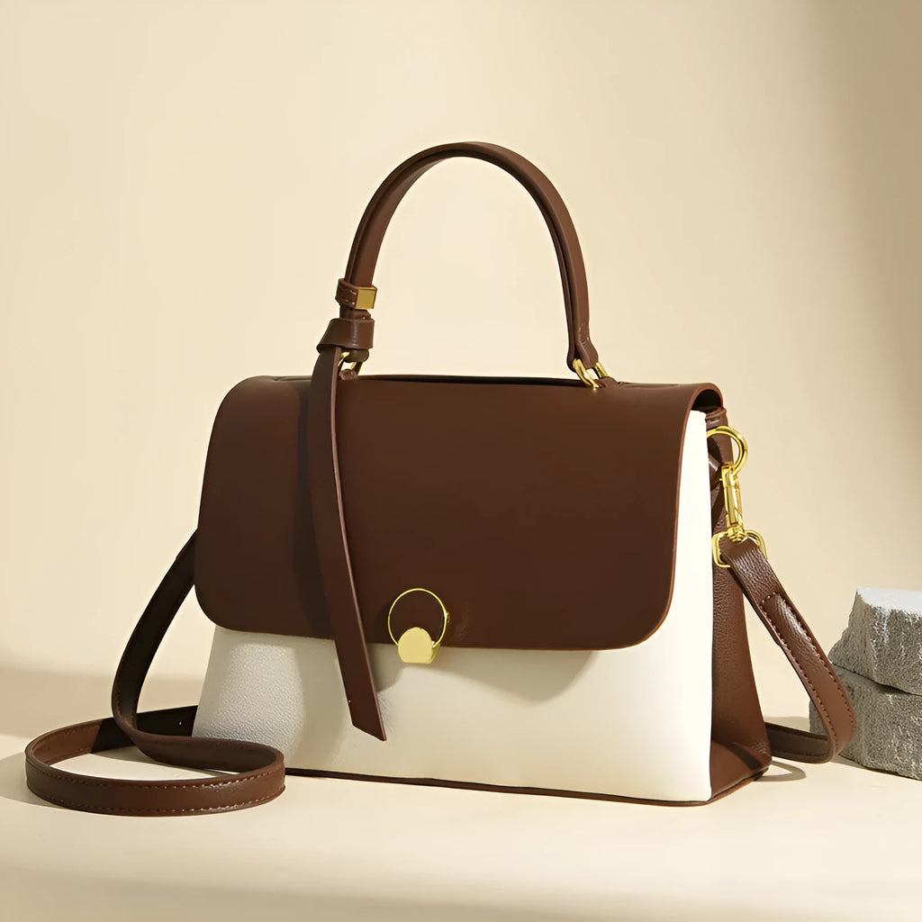 Soft PU cross-body handbag in beige, square vertical shape with sewing line detail, on white background