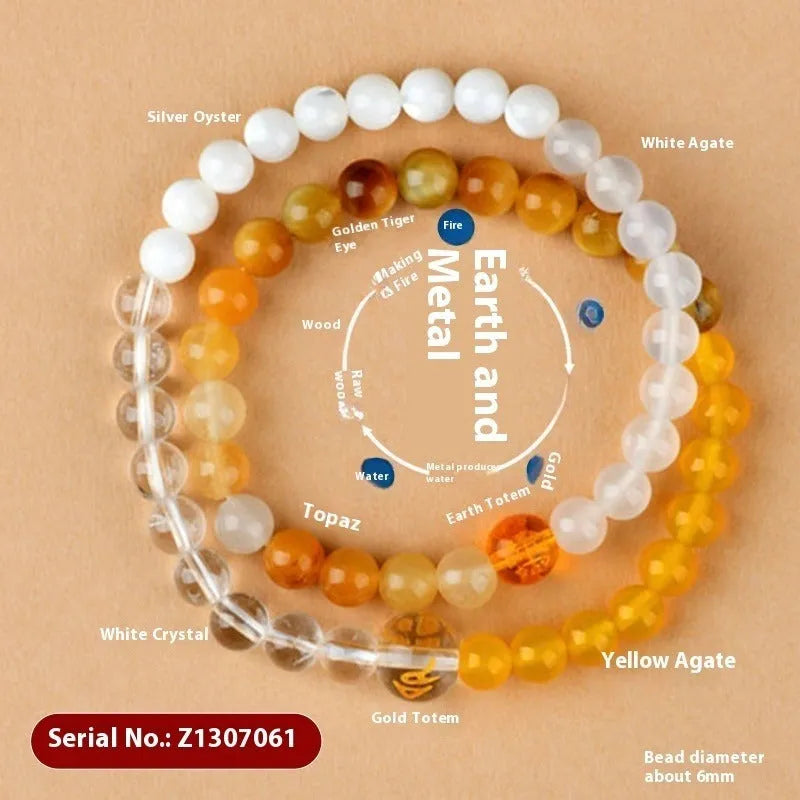 Handmade women's crystal double ring bracelet in five elements colours on a wrist.