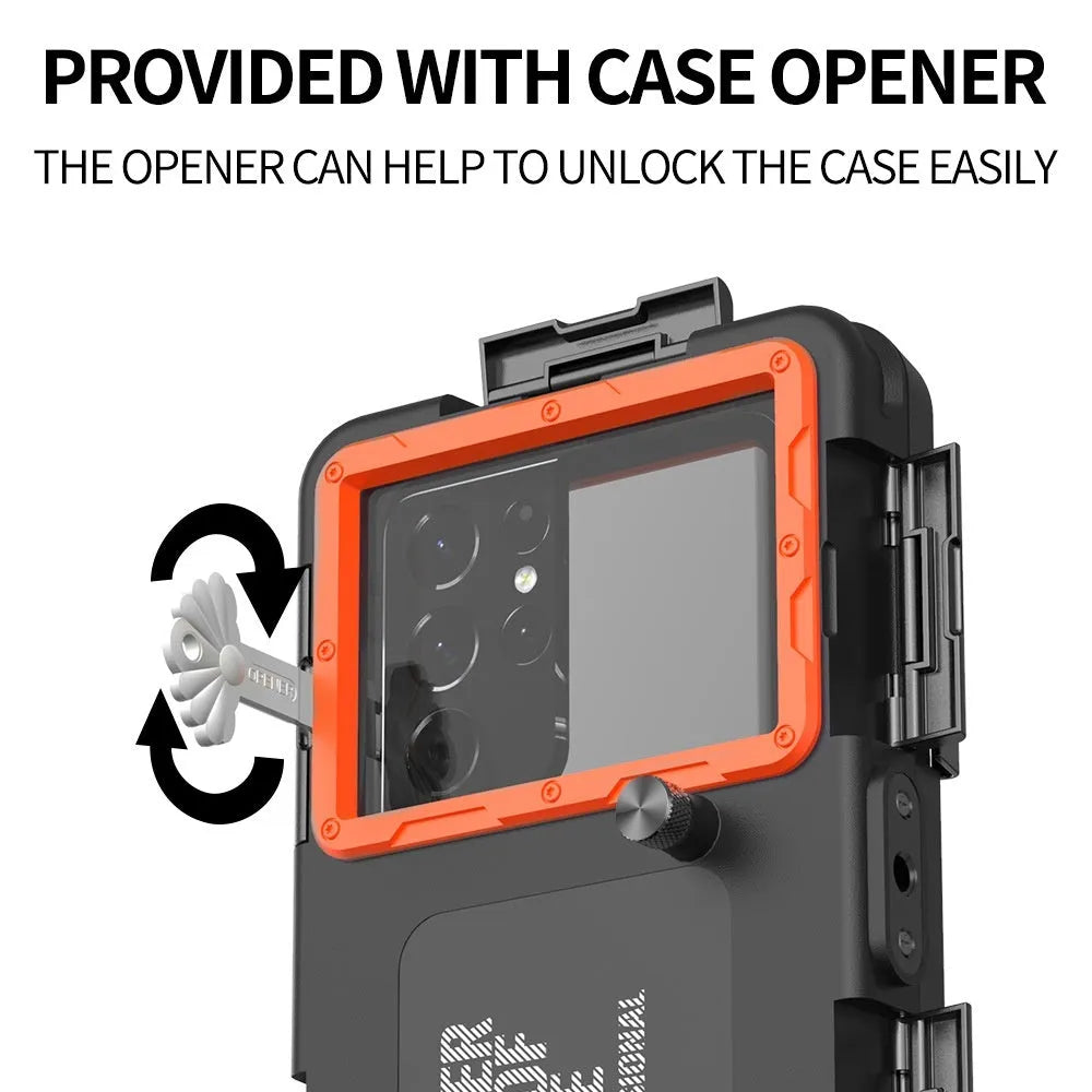 Simple Shooting Waterproof Universal Phone Case in Black Orange with Metal Construction and Lanyard