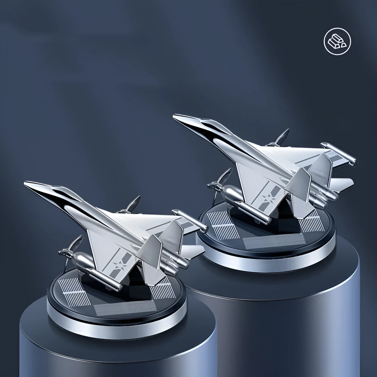 Solar powered rotating fighter jet perfume diffuser in silver with aluminium alloy seat and beech wood wick