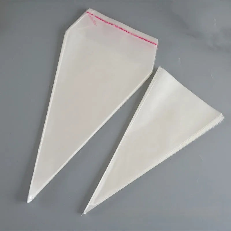 Transparent triangle-shaped plastic packaging bag with a metal tie wire attached for closure.