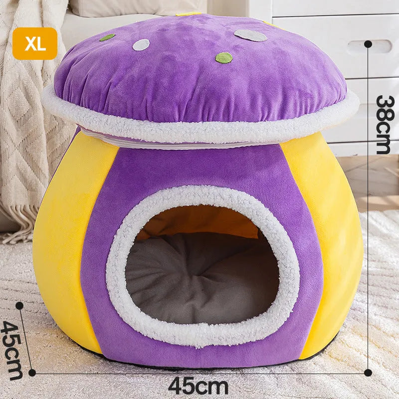 Mushroom-shaped cat nest with plush lining in grey, pink, or purple colours