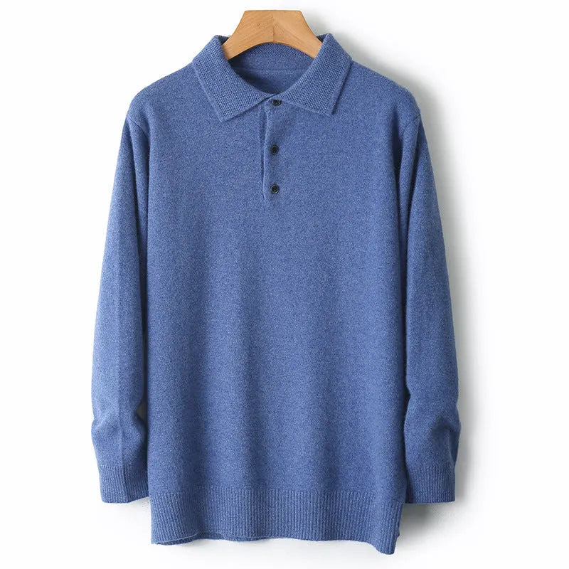 Men's grey wool pullover sweater with a polo collar and long sleeves on a hanger.