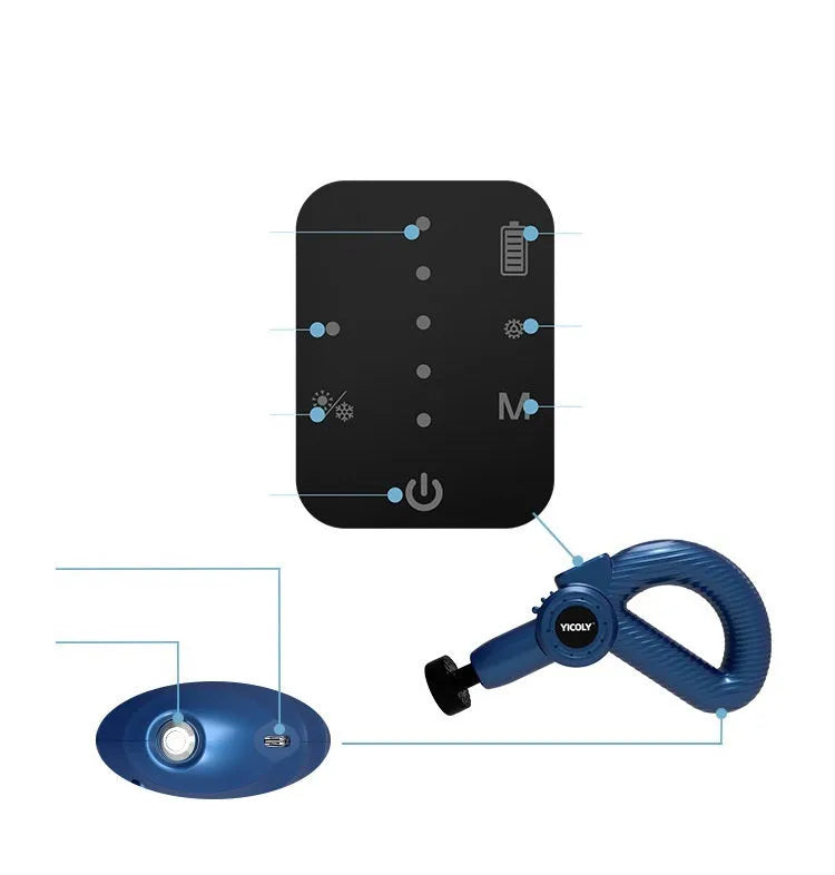 Black intelligent muscle massage gun with multiple attachment heads on a grey background
