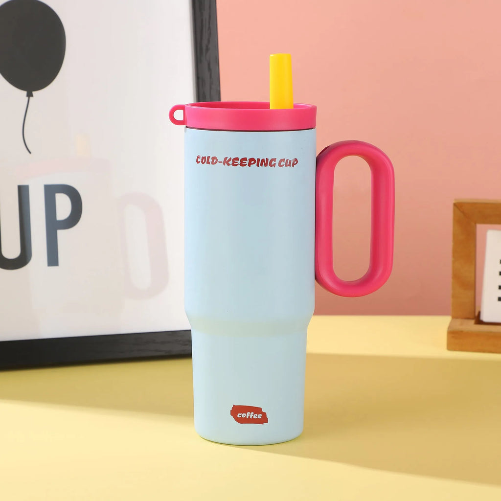 Large capacity portable insulated straw cup with handle in multiple colour options